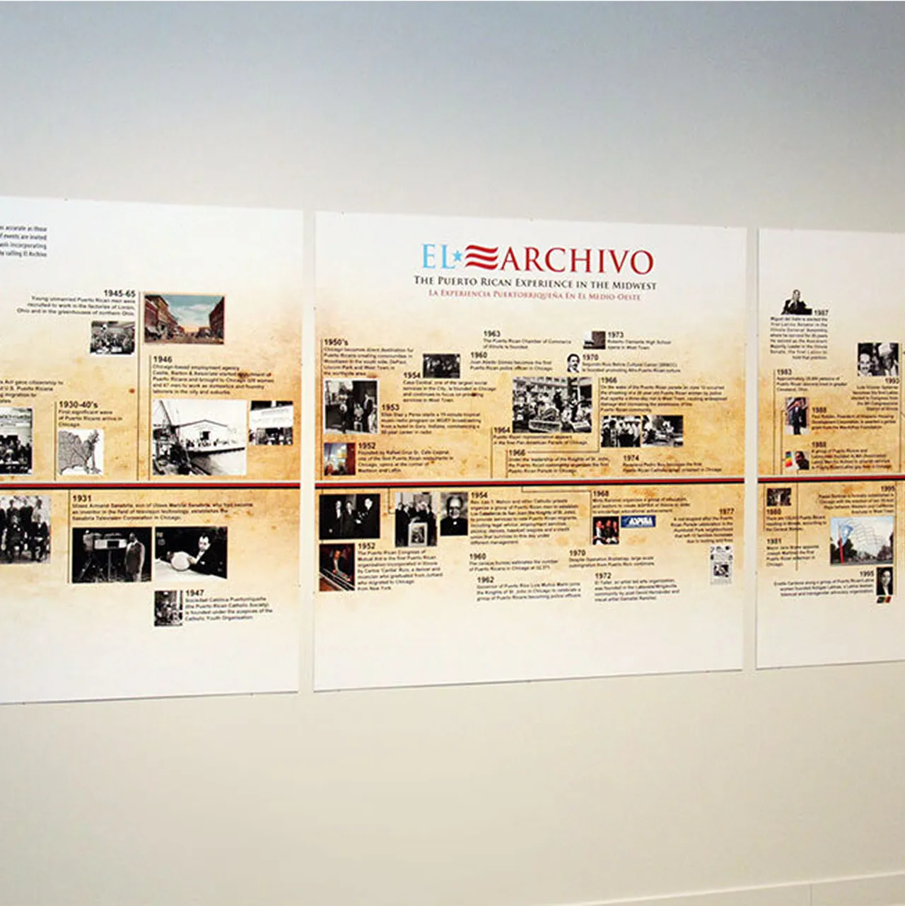 Three-panel exhibition display titled 'El Archivo' featuring a timeline and historical photos about the Puerto Rican experience in the Midwest.