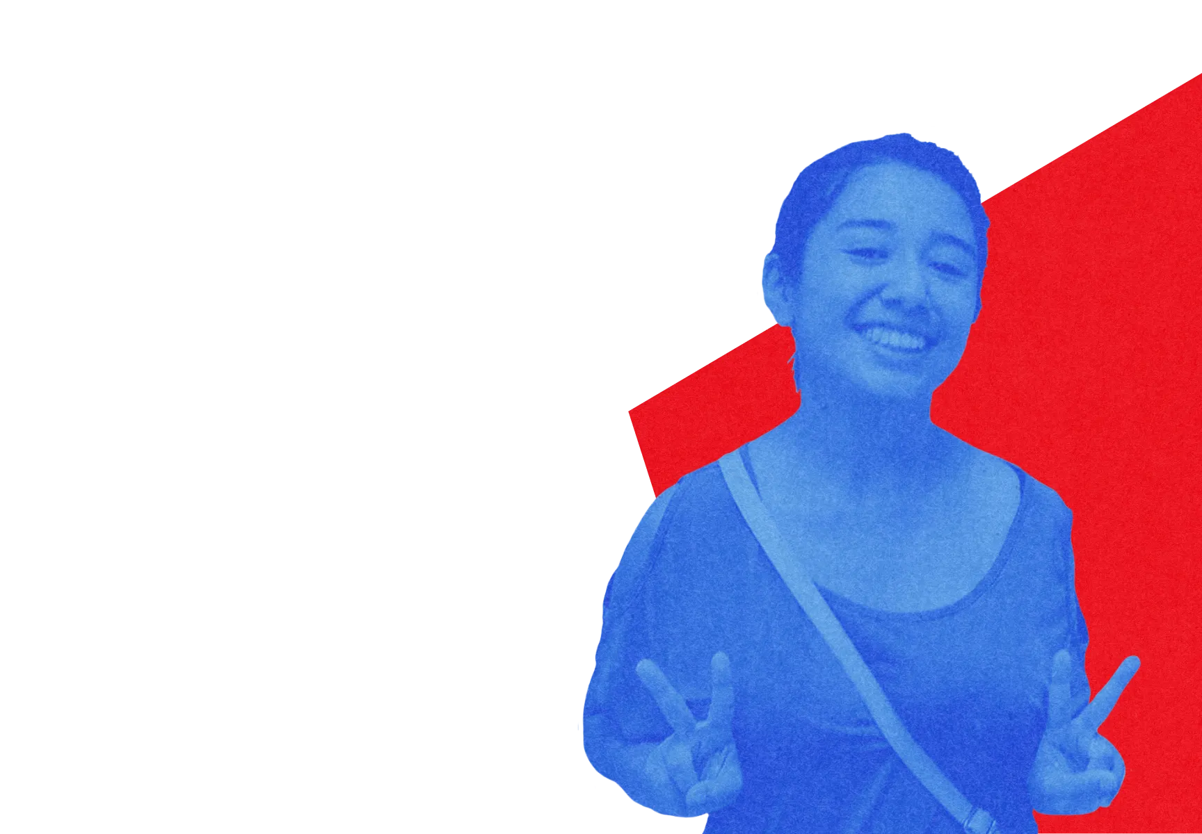 Smiling person in blue tone making peace signs with both hands.