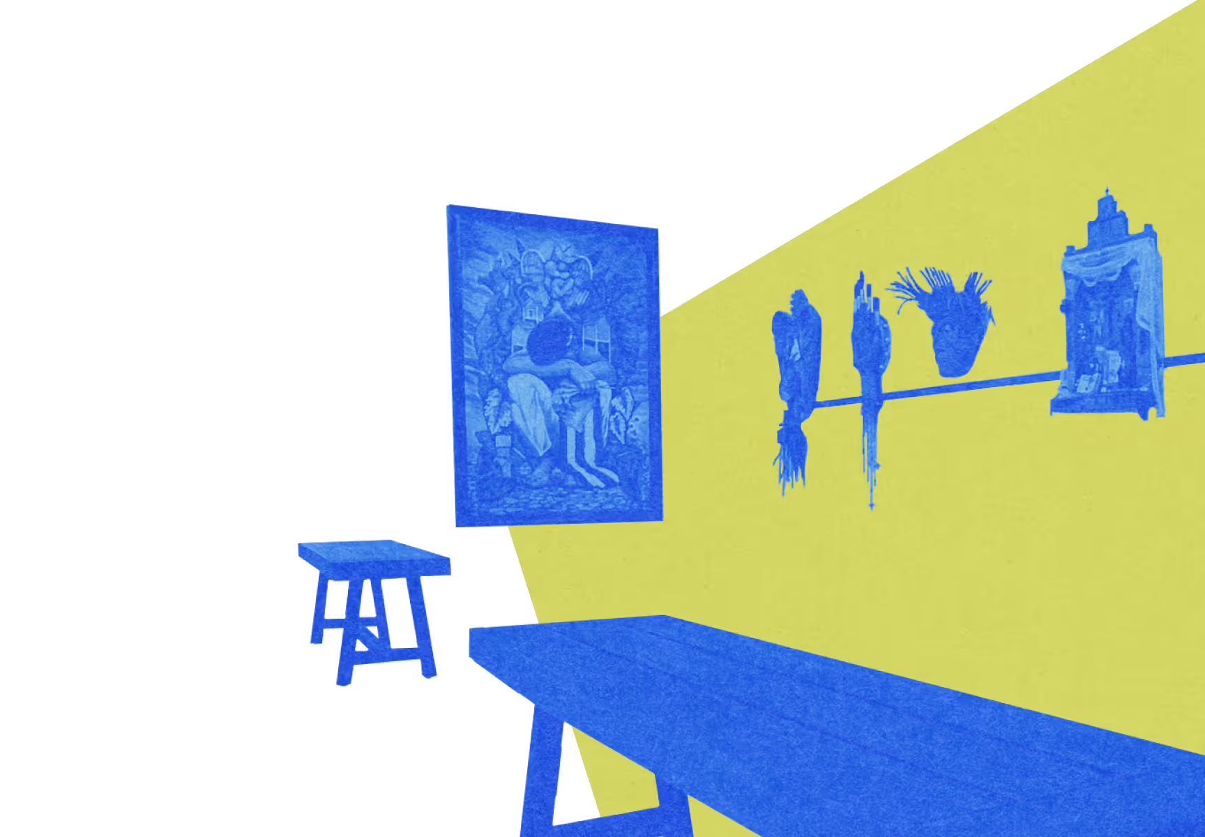 Abstract art installation with blue tables, a blue framed painting, and blue sculptural masks on a yellow wall.