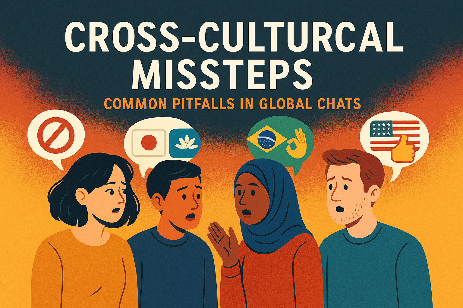 Illustration of four diverse people chatting with cultural symbols and flags in speech bubbles, highlighting misunderstandings in cross-cultural online communication.