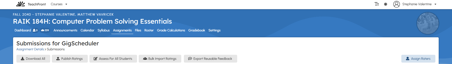 Course Assignments > "GigScheduler Assignment" > Assignment Submissions > Instructor Assignment Submission Toolbar
