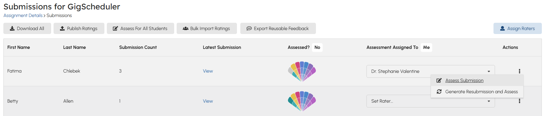 Course Assignments > "GigScheduler" Assignment > Assignment Submissions (this is fake user data