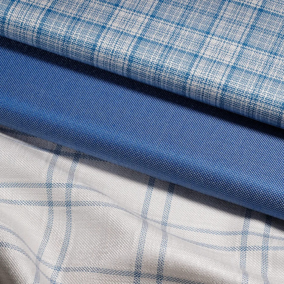 Tissus légers été — carreaux Prince de Galles et laine unie bleu ciel, armures adaptées au climat méditerranéen | Riviera Couture