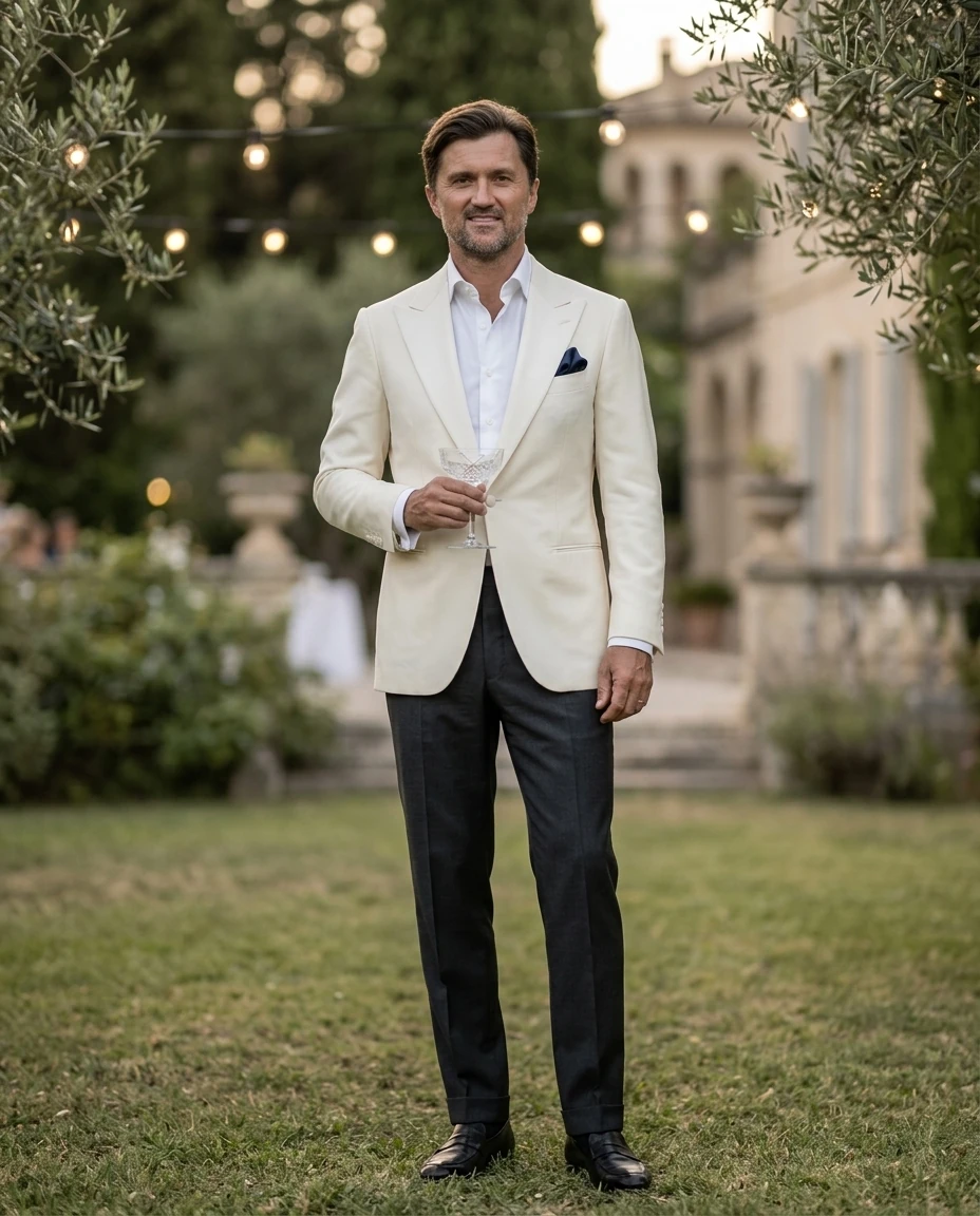 Veste de soirée ivoire sur mesure, jardin d'été sur la Riviera · Riviera Couture