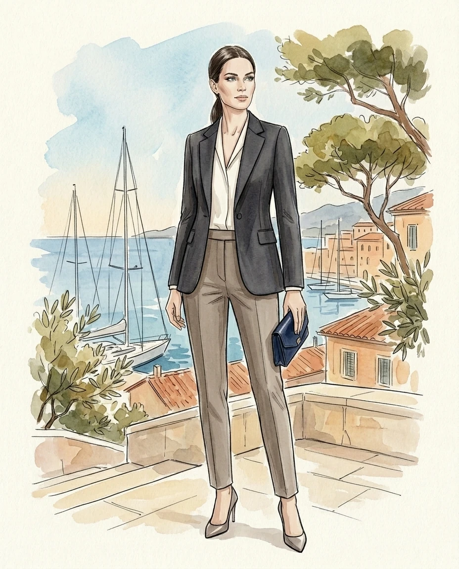 Illustration · tailleur femme sur mesure, terrasse sur le port · Riviera Couture