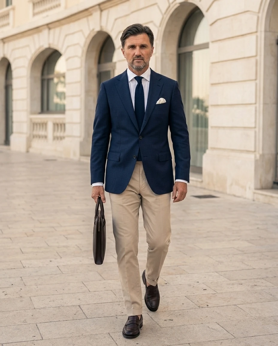 Blazer marine et chino beige pour rendez-vous d'affaires, Monaco · Riviera Couture