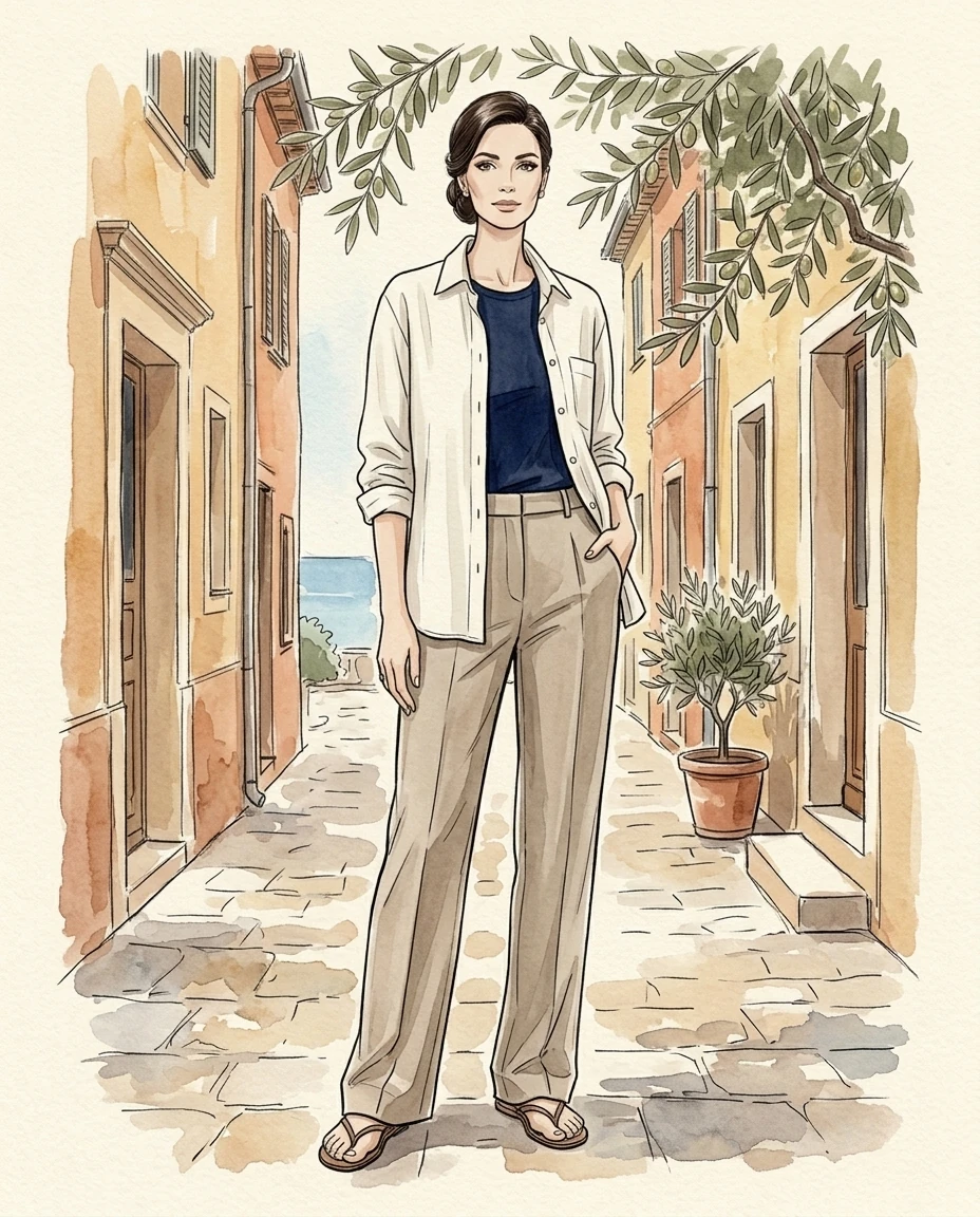 Illustration · tenue femme casual méditerranéenne, ruelle ocre · Riviera Couture