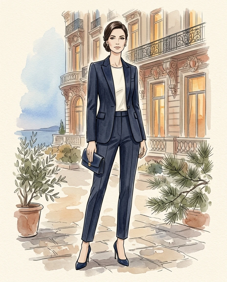 Illustration · tailleur femme pour soirée, façade Belle Époque · Riviera Couture