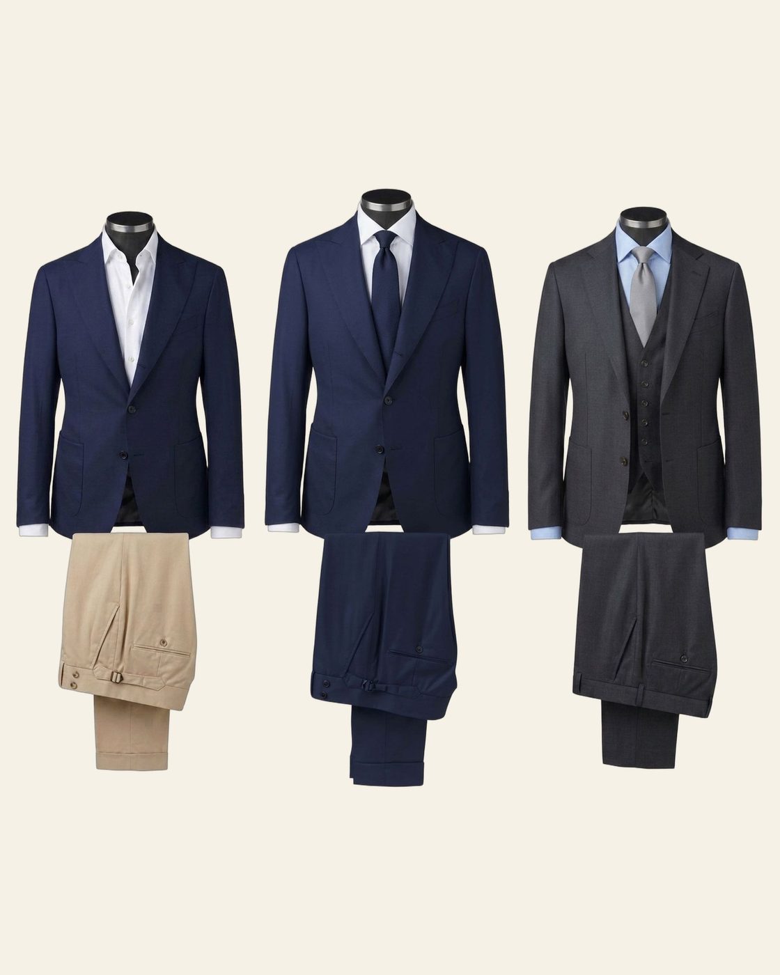 Illustration : trois tenues sur buste, blazer et pantalon de coton, costume bleu marine, costume trois-pièces anthracite