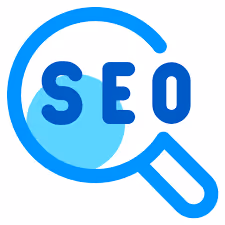 Blue magnifying glass icon with the letters SEO inside, symbolizing search engine optimization.