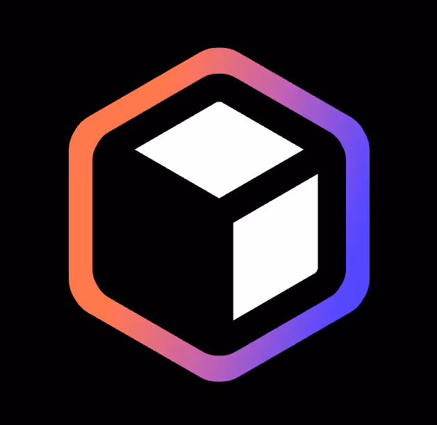 White cube inside a hexagon with gradient red to purple border on black background.
