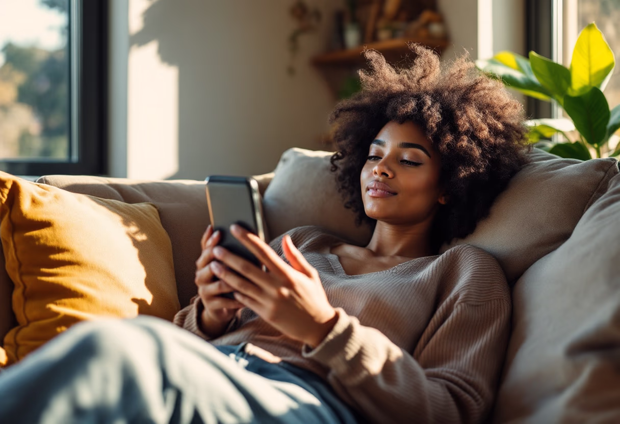 Woman with curly hair interacting with a futuristic transparent digital interface displaying charts and profile information.