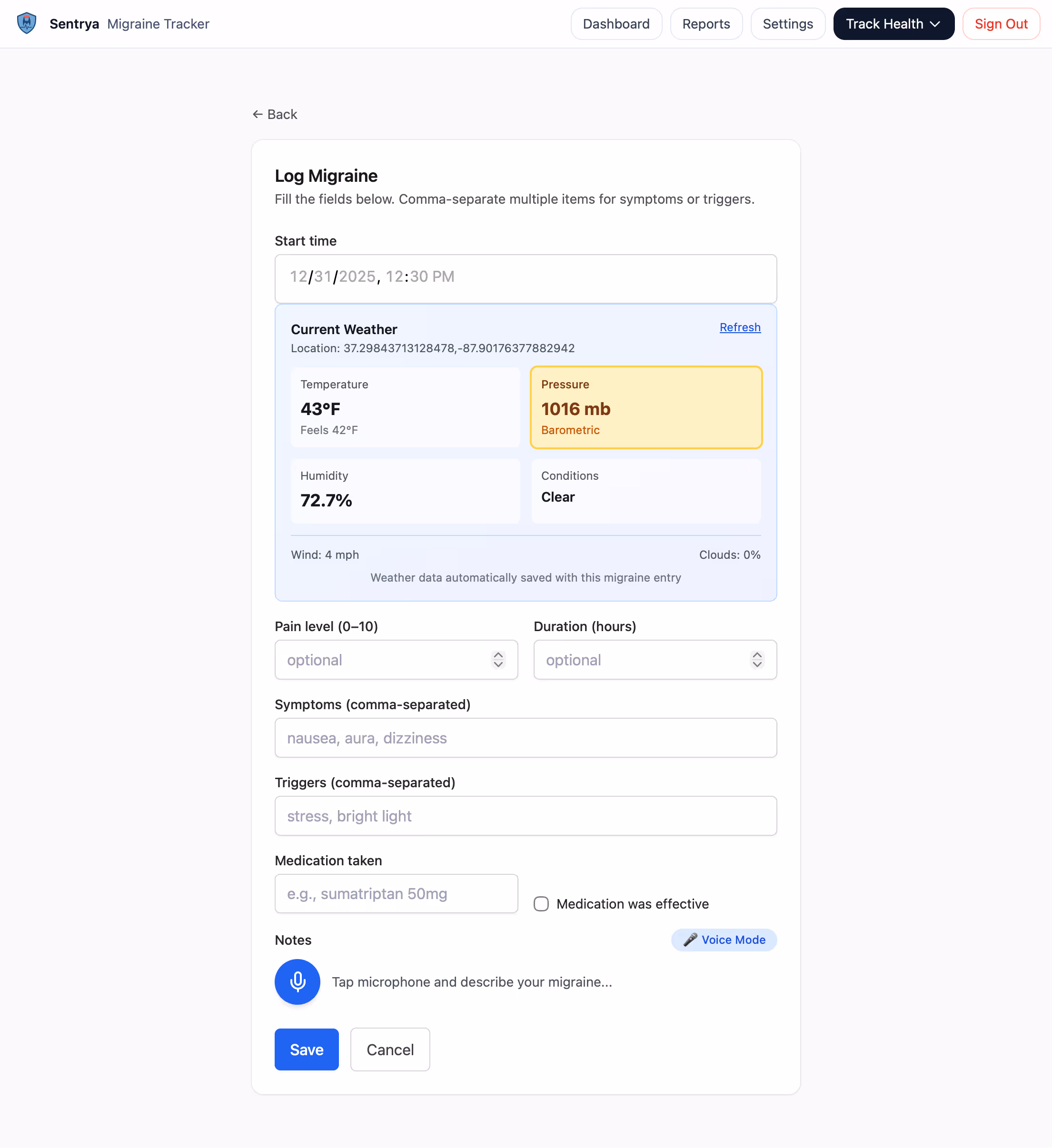 migraine log form with voice active