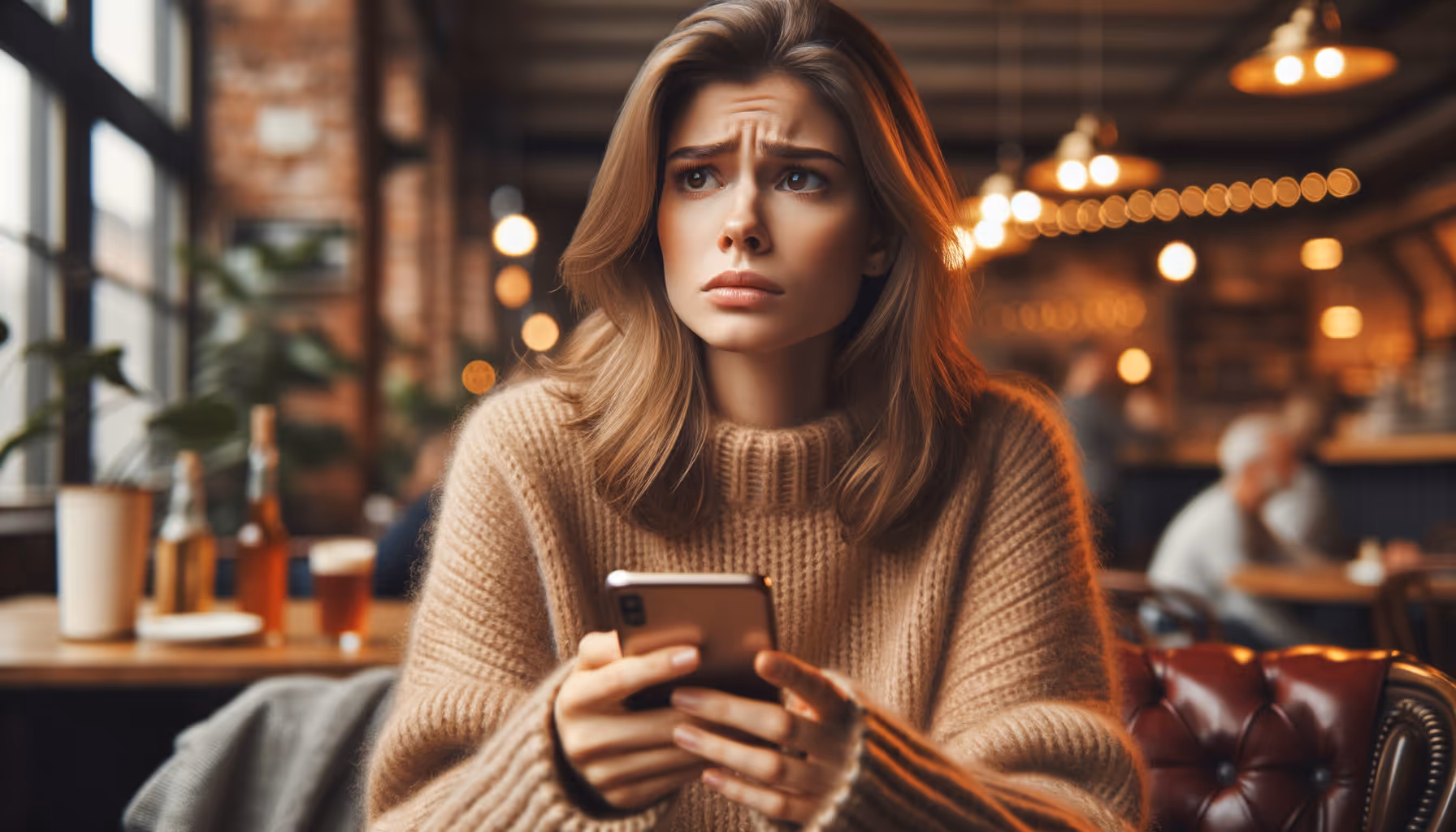 Woman with curly hair interacting with a futuristic transparent digital interface displaying charts and profile information.