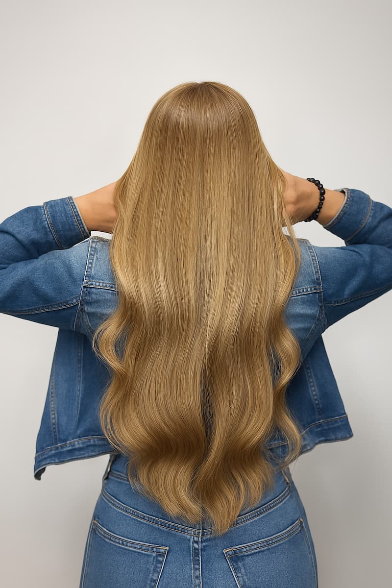 Back view of a woman with long, blonde, wavy hair after Ice Fusion Hair Extensions at Bloom Studio Houston