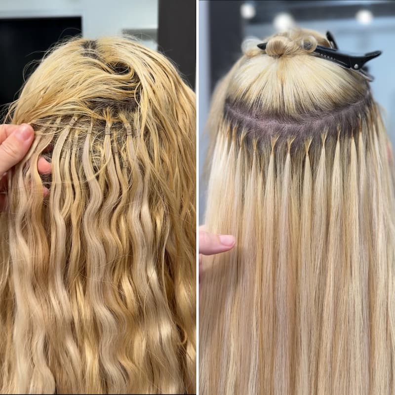 Replacing bulky, obvious extensions with natural invisible hair extensions in Houston.