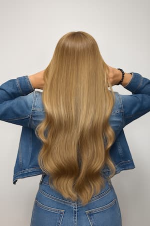 Seamless long blonde Ice Fusion Hair Extensions from Bloom Studio Houston.