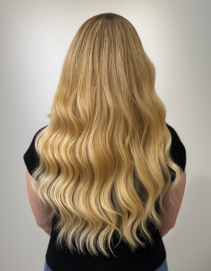 Before and after blonde Ice Fusion Hair Extensions at Bloom Studio Houston.