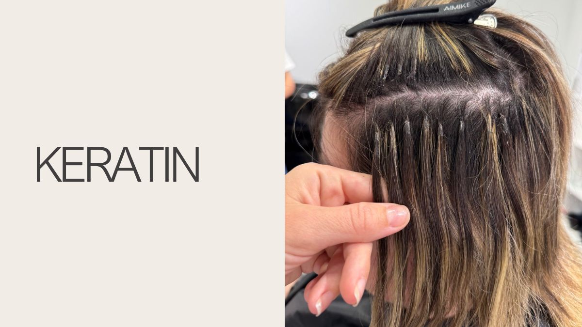 Keratin fusion bond, glossy capsule on dark hair.