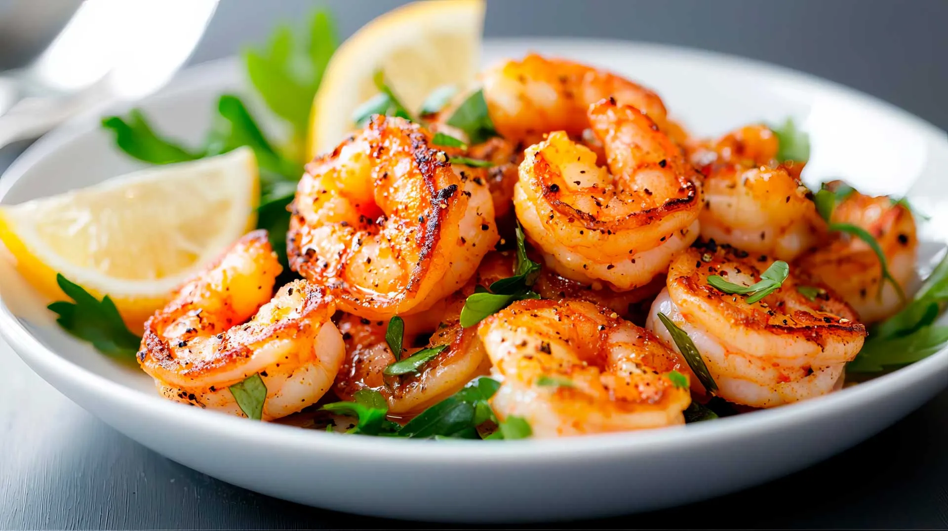 A plate of shrimp garnished with lemon wedges and fresh parsley.
