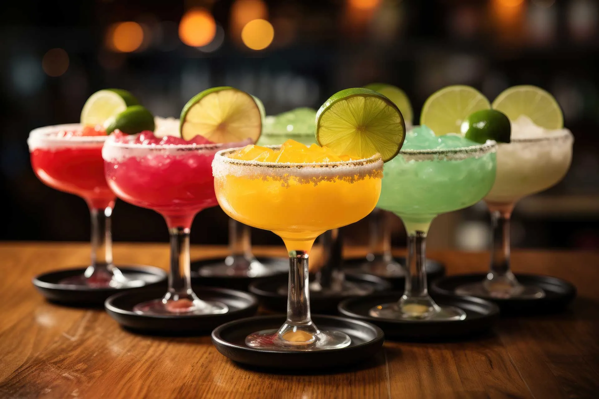 A collection of colorful margaritas arranged on a rustic wooden table, showcasing vibrant garnishes and glassware.