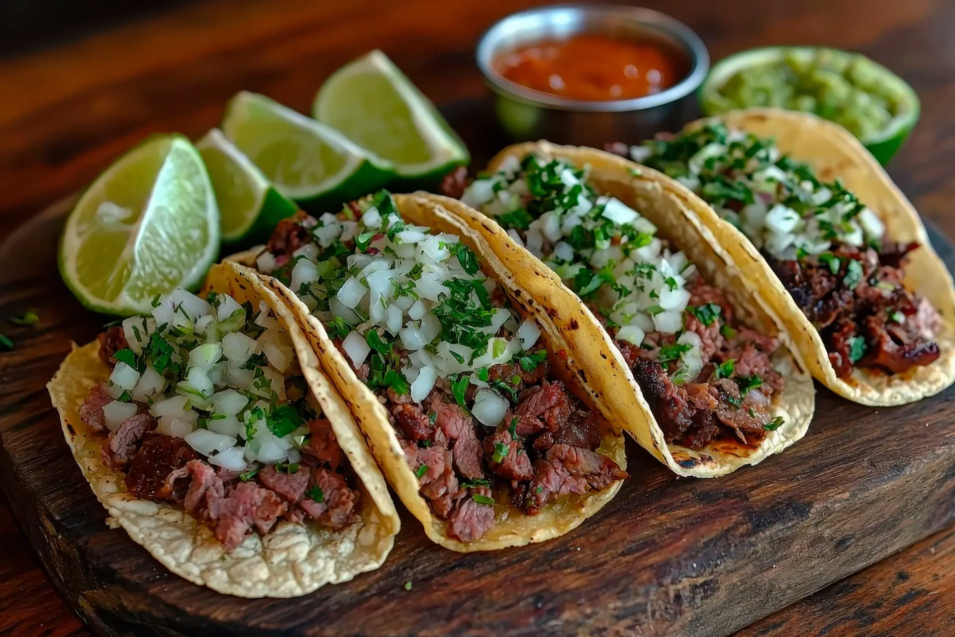 A wooden board displaying three tacos topped with meat and onions.