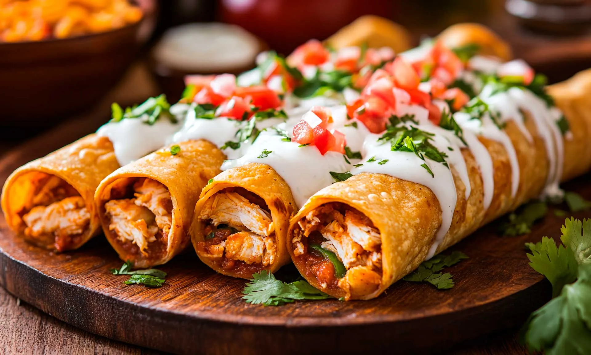 Three chicken enchiladas topped with cheese and sauce, arranged on a wooden cutting board.