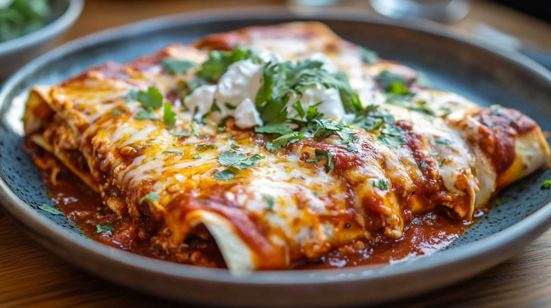 A vibrant plate of enchiladas topped with sour cream and cheese.
