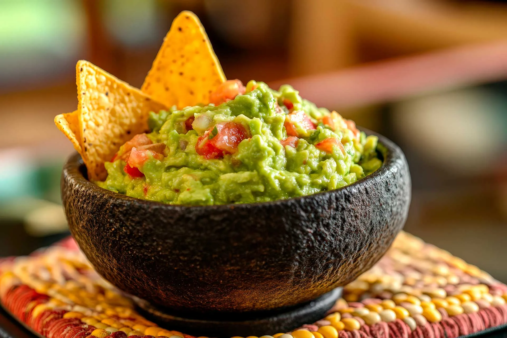 A bowl of guacamole surrounded by crispy tortilla chips, ready for dipping.
