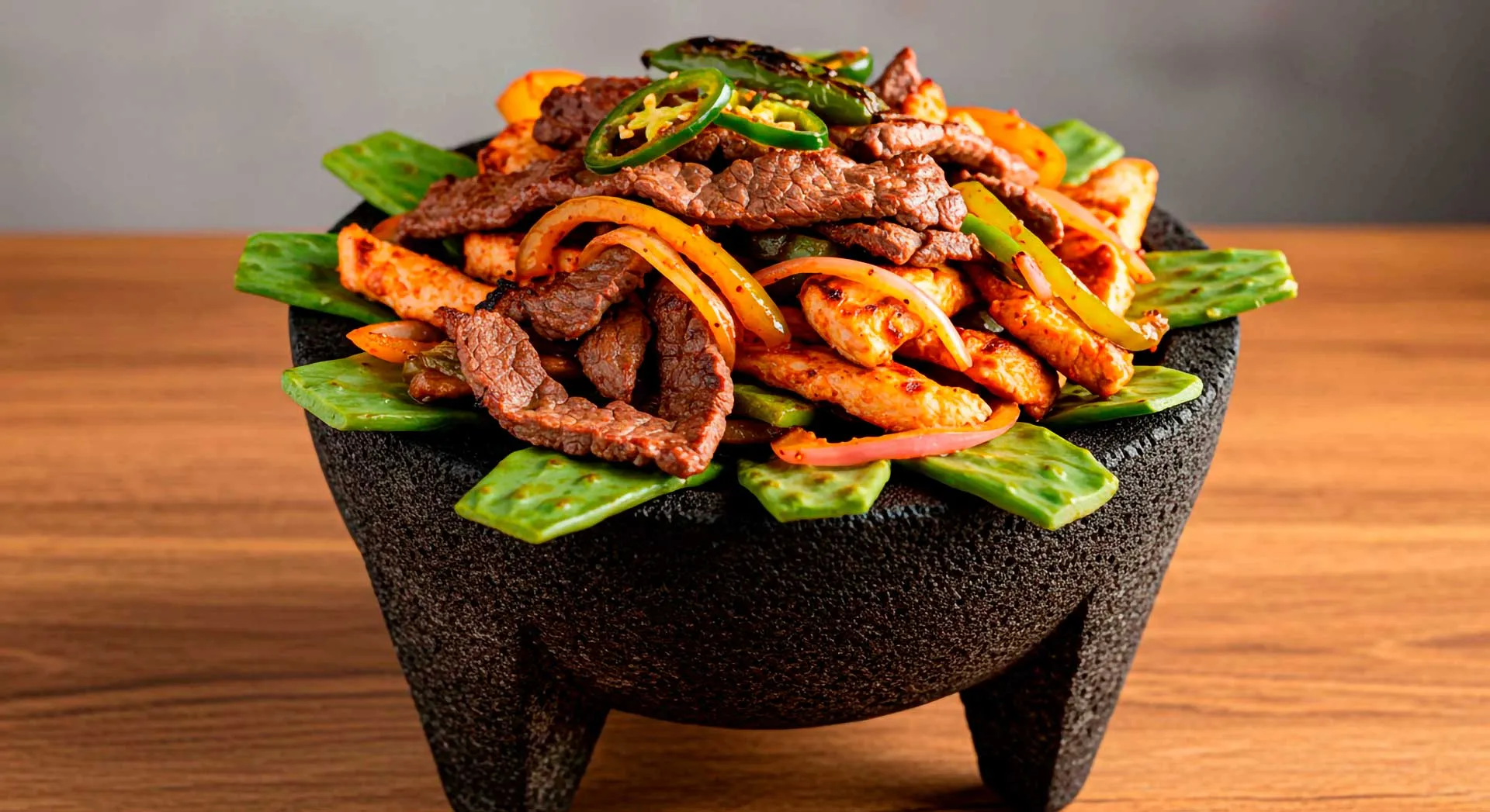 A large molcajete filled with a colorful mix of meat and vegetables, showcasing a hearty meal.