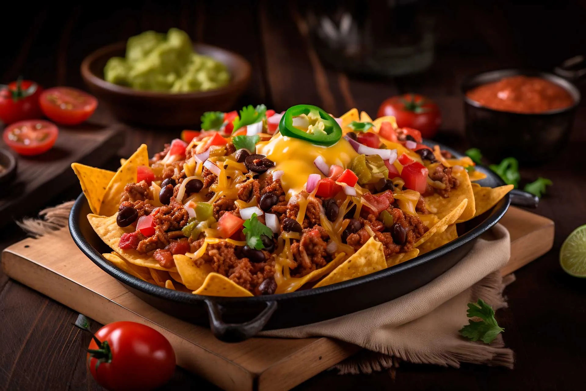 A plate of nachos topped with melted cheese, black beans, and diced tomatoes, served as a colorful appetizer.