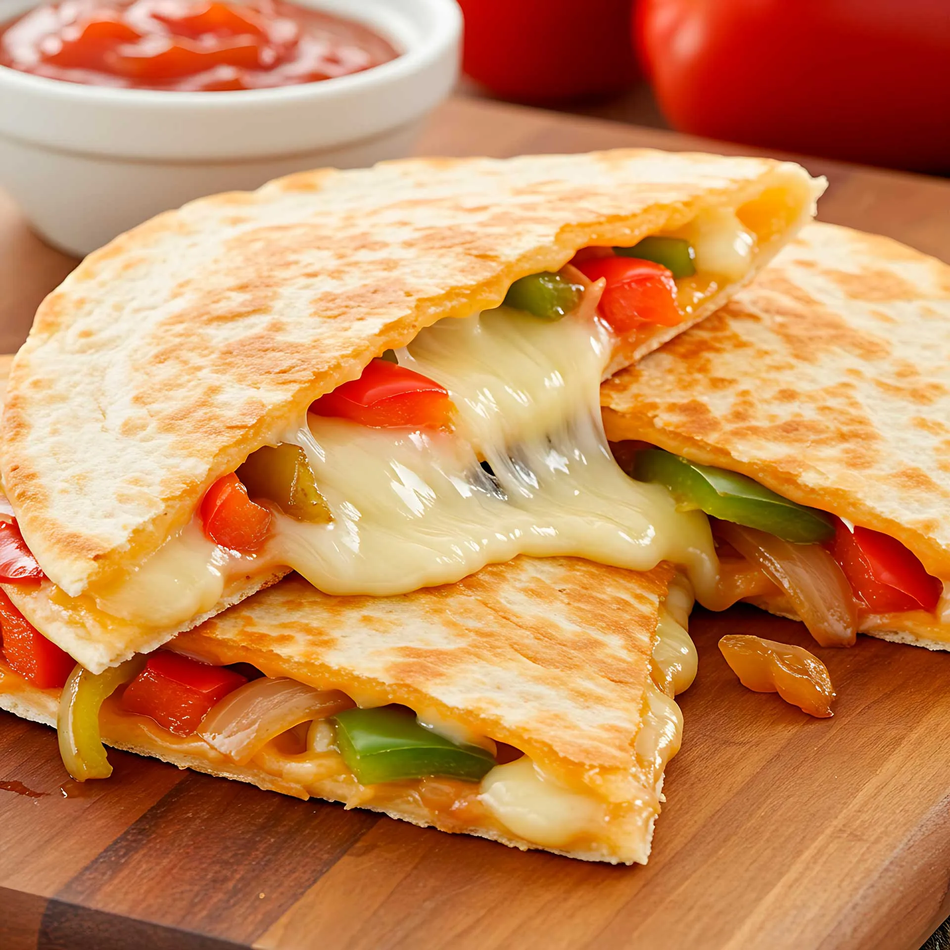 A cheesy quesadilla with colorful peppers sits on a wooden cutting board, ready to be served.