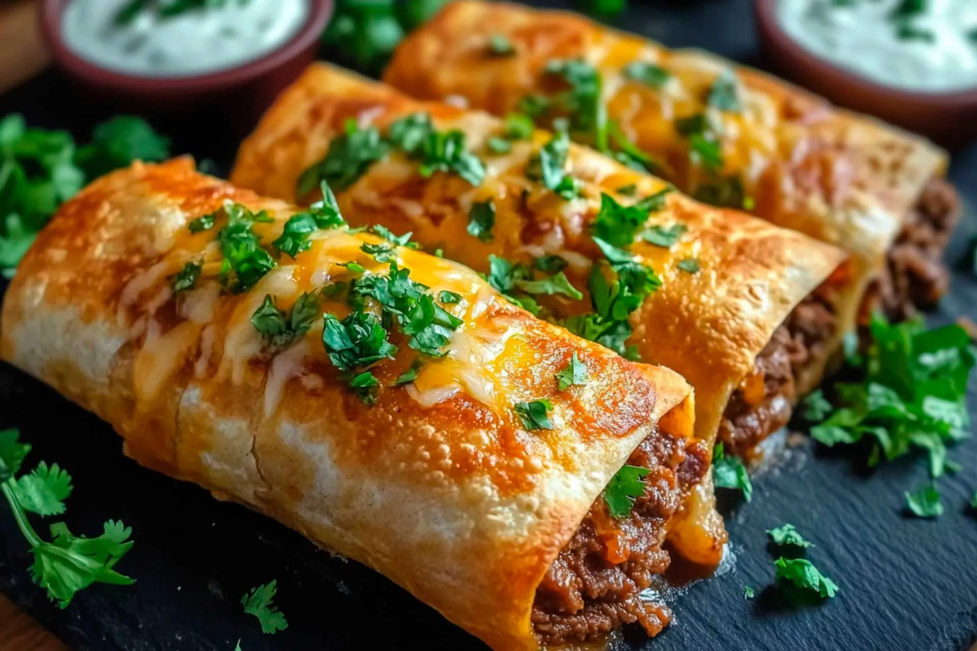 Chicken enchiladas topped with sour cream and fresh cilantro, served on a white plate.