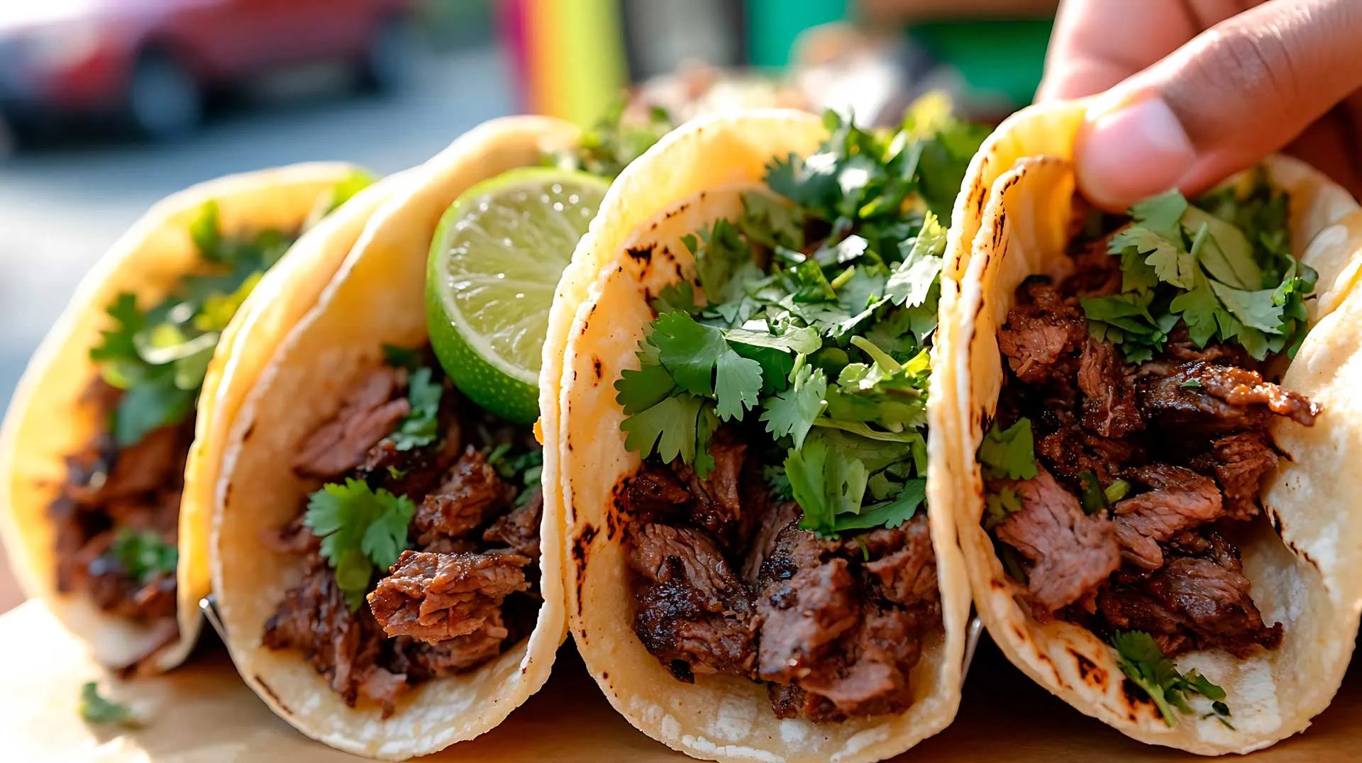 A person holds three tacos topped with fresh ingredients, accompanied by a wedge of lime for added flavor.