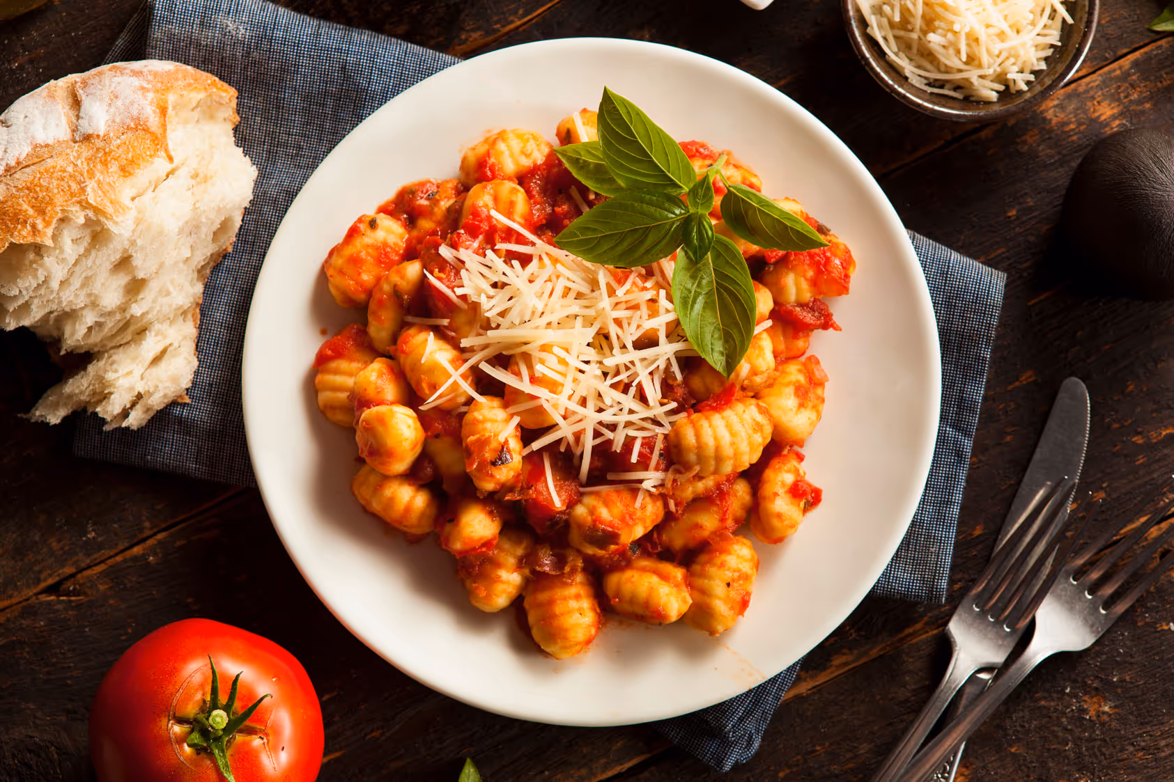 Plate of gnocchi in tomato sauce, topped with shredded cheese and fresh basil, beside crusty bread, a tomato, and cutlery on a rustic table.