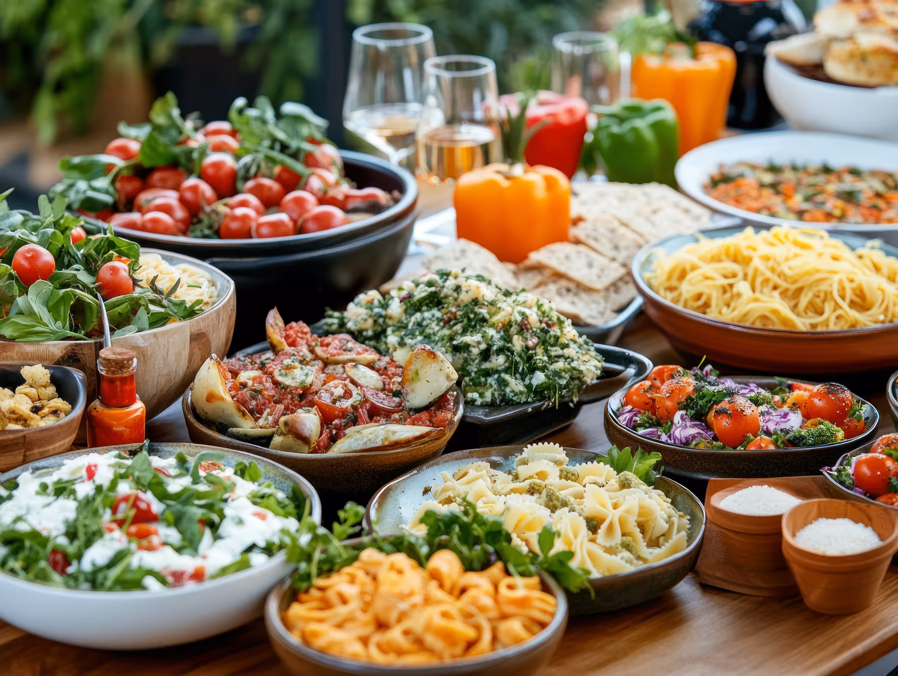 A vibrant spread of assorted pasta, salads, and vegetables on a wooden table. Bright red, green, and yellow peppers add color. Glasses of white wine in the background suggest a festive meal.
