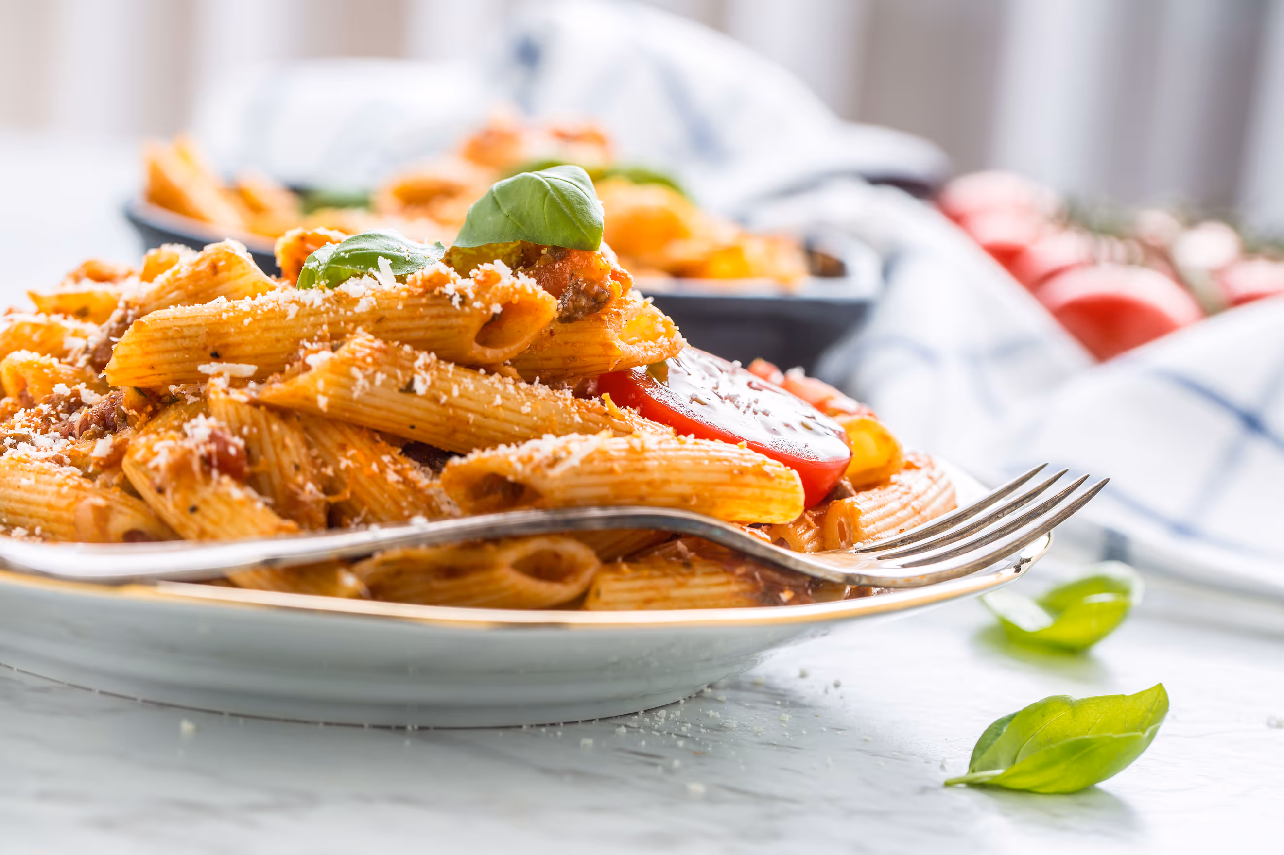A vibrant plate of penne pasta topped with tomato sauce, grated cheese, and basil, exuding a fresh and inviting appeal. A fork is placed on the side.