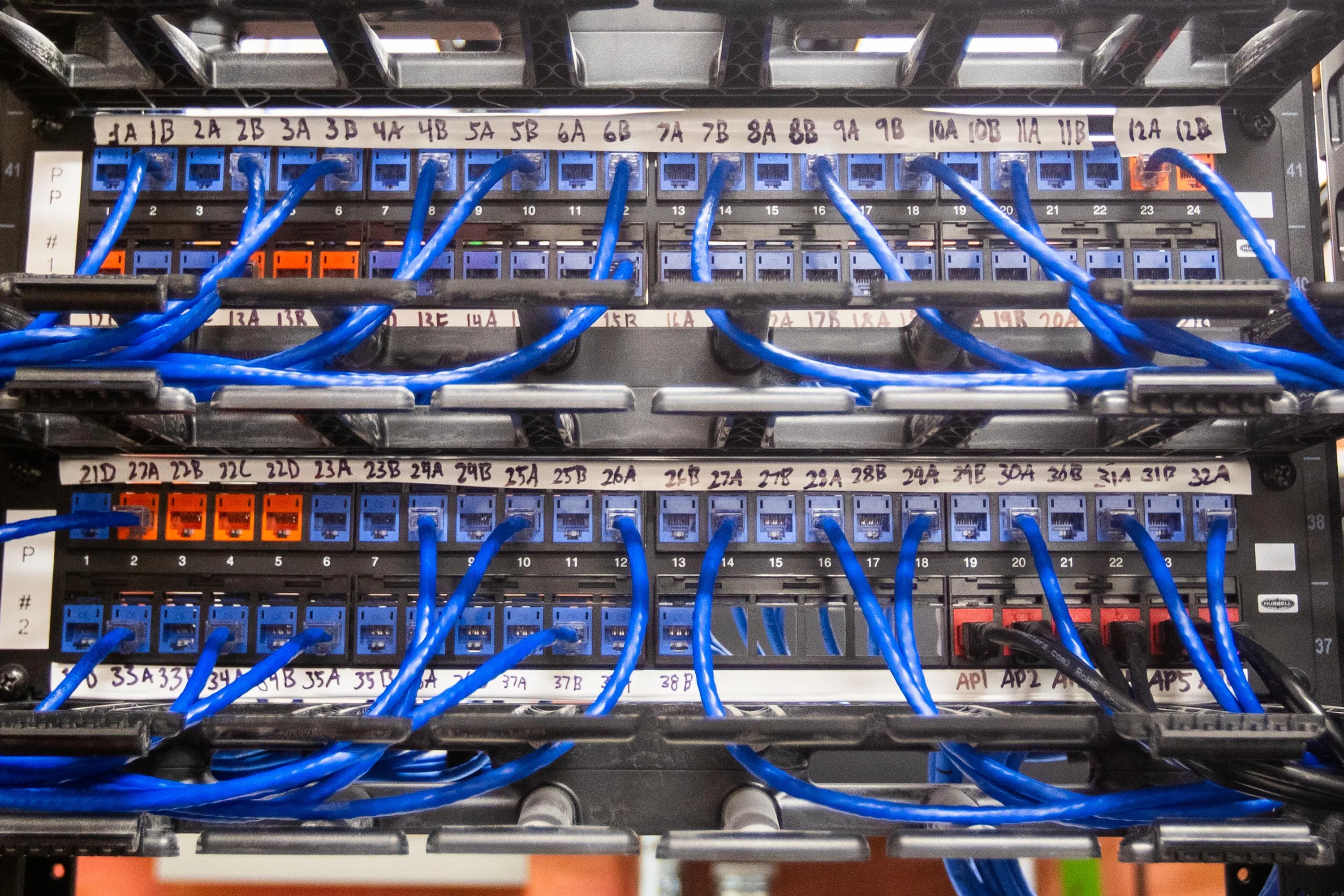 Labeled patch panel with organized cabling