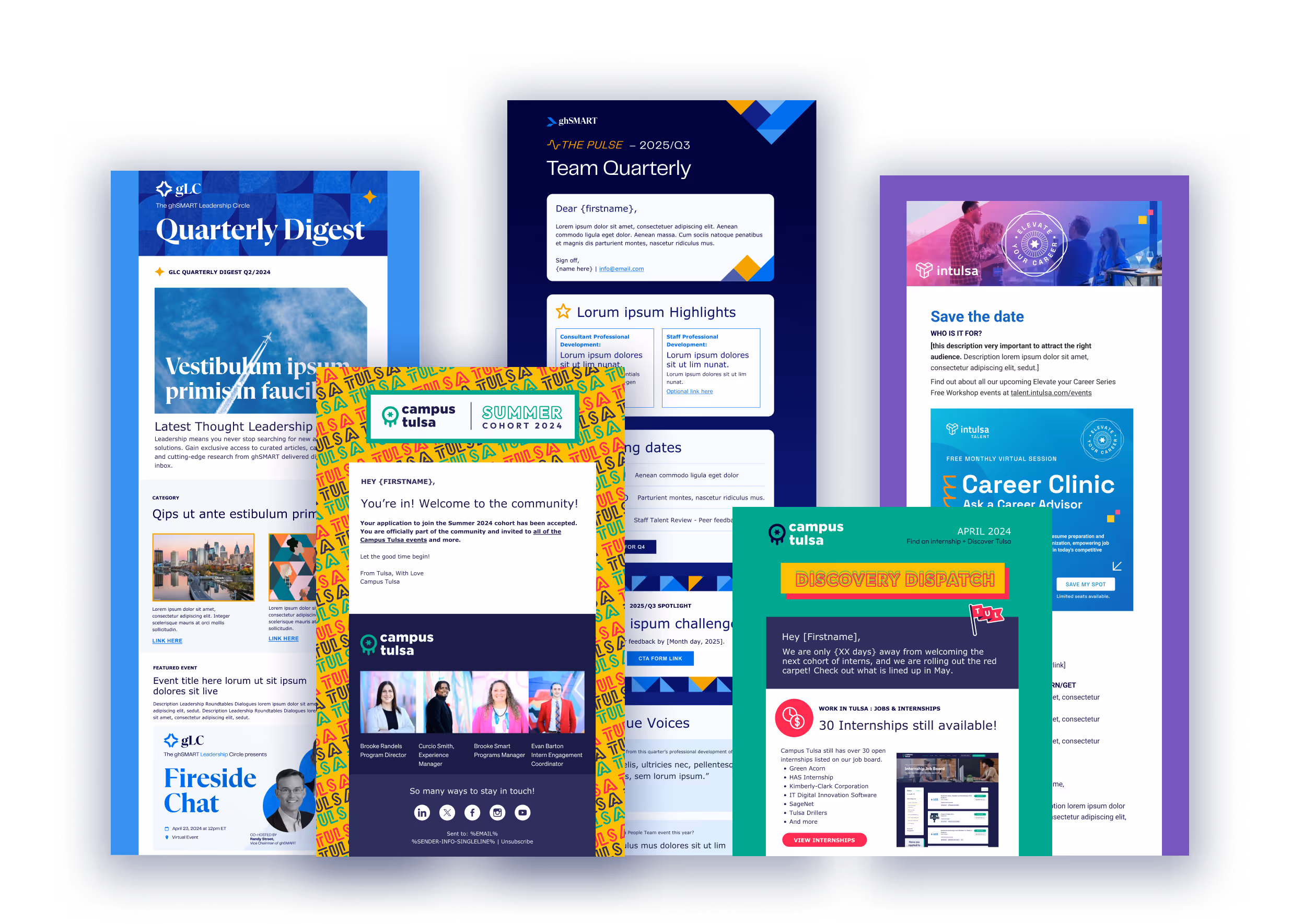 Five colorful newsletter preview designs featuring topics like quarterly digest, team updates, community welcome, career clinic, and internship opportunities.