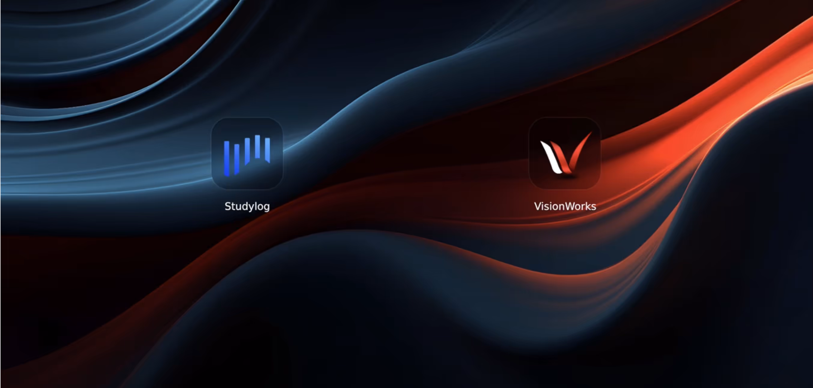 Smartphone home screen with Studylog and VisionWorks app icons against a dark blue and red abstract wavy background.