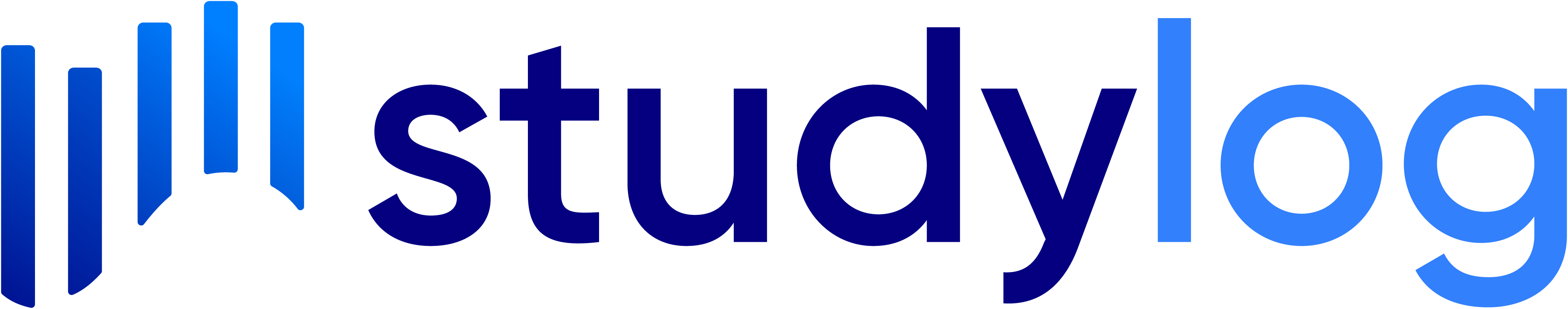 Studylog logo with blue vertical bars and wordmark in gradient blue shades.
