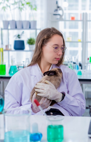 Scientist in a lab coat and gloves holding a brown rabbit in a laboratory setting with glassware and scientific equipment in the background.