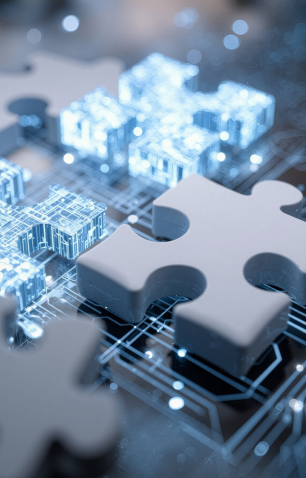 Large puzzle pieces on a digital circuit board with glowing blue microchip-like structures in the background.