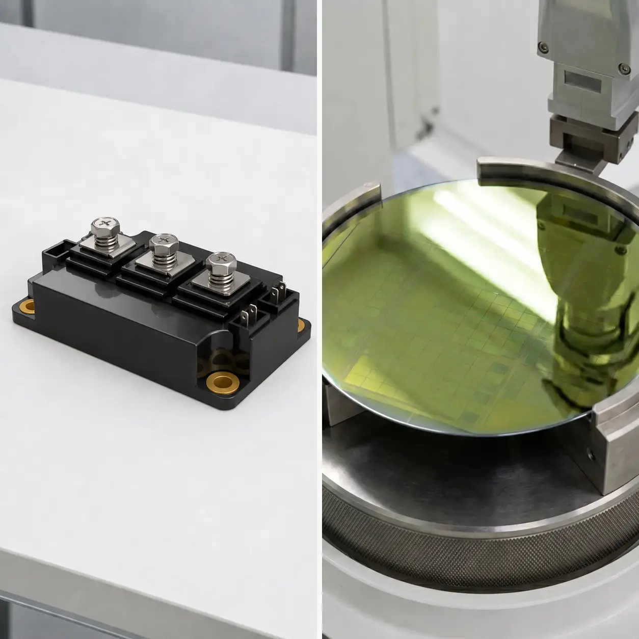 A split photo of a wide-bandgap semiconductor packaging and wafer 