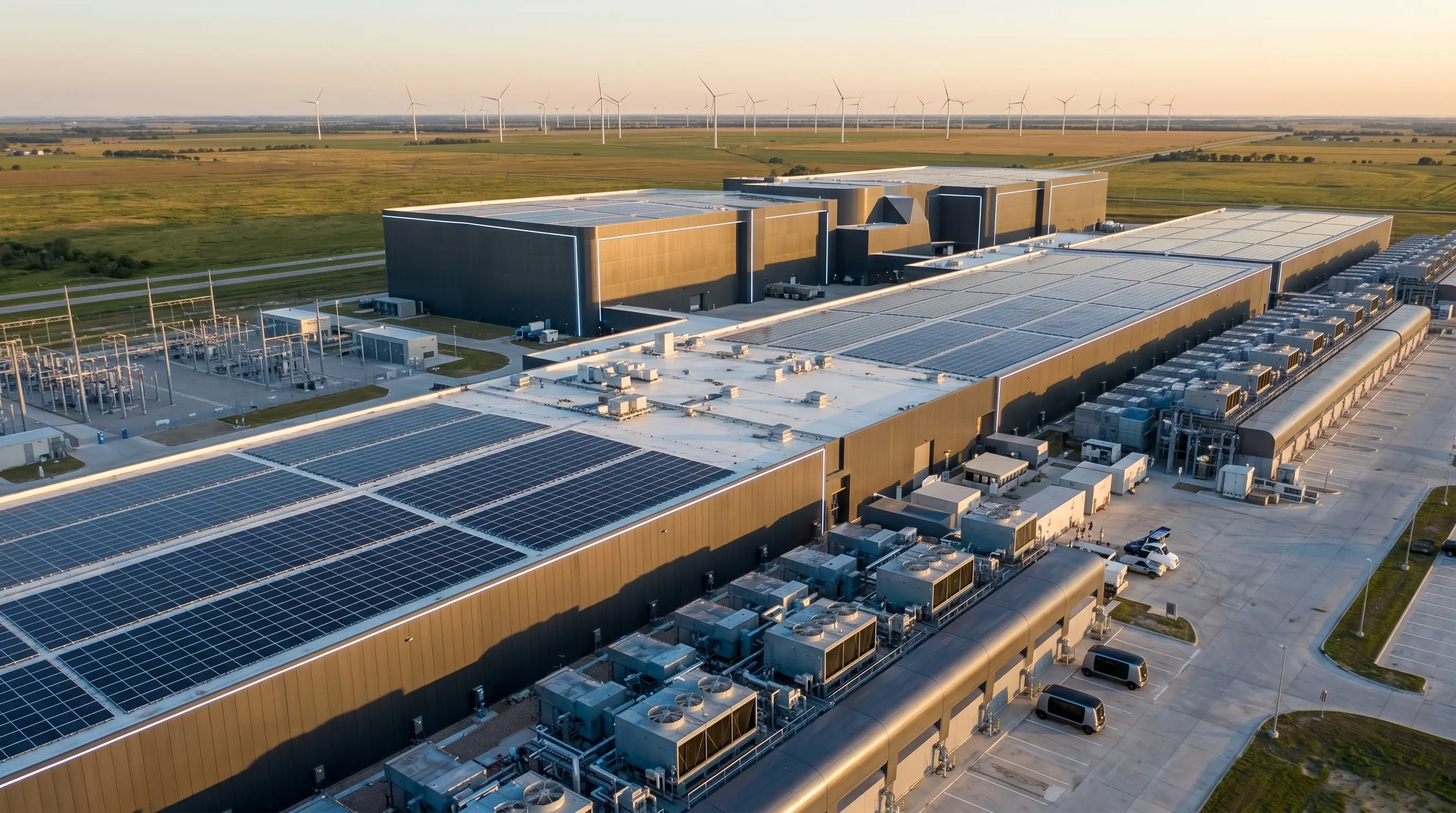 Aerial photo of a hyperscale data center with wind turbines in the background, solar panels on the roof, and electric vehicles on the front.