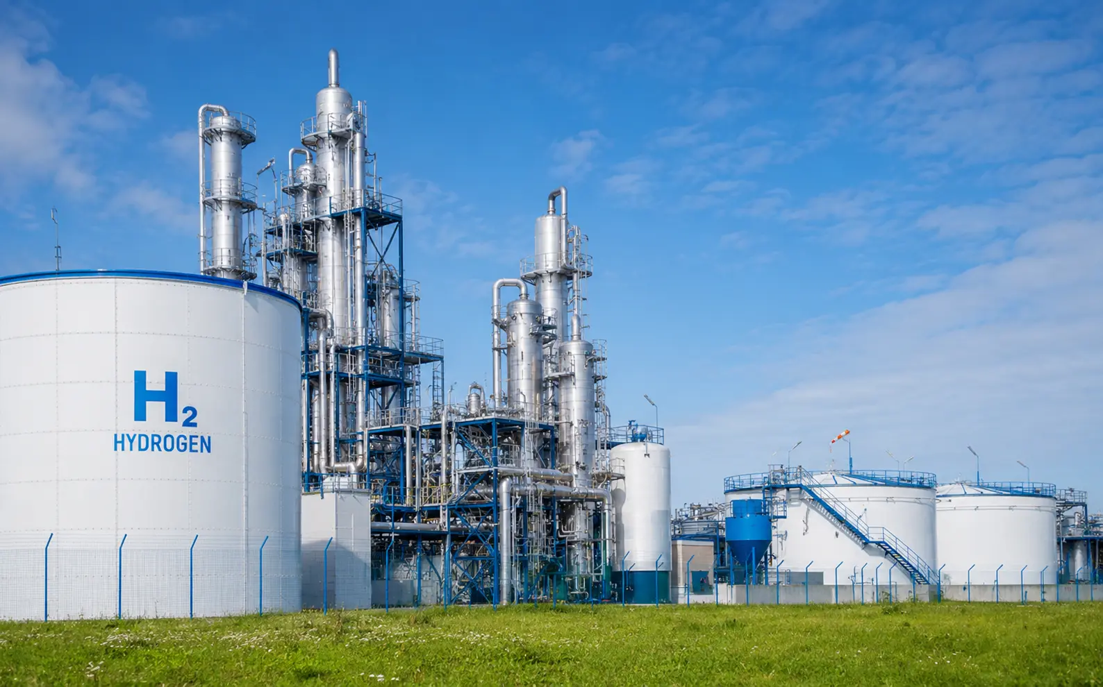 Hydrogen production facility with storage tanks and distillation towers under a blue sky.
