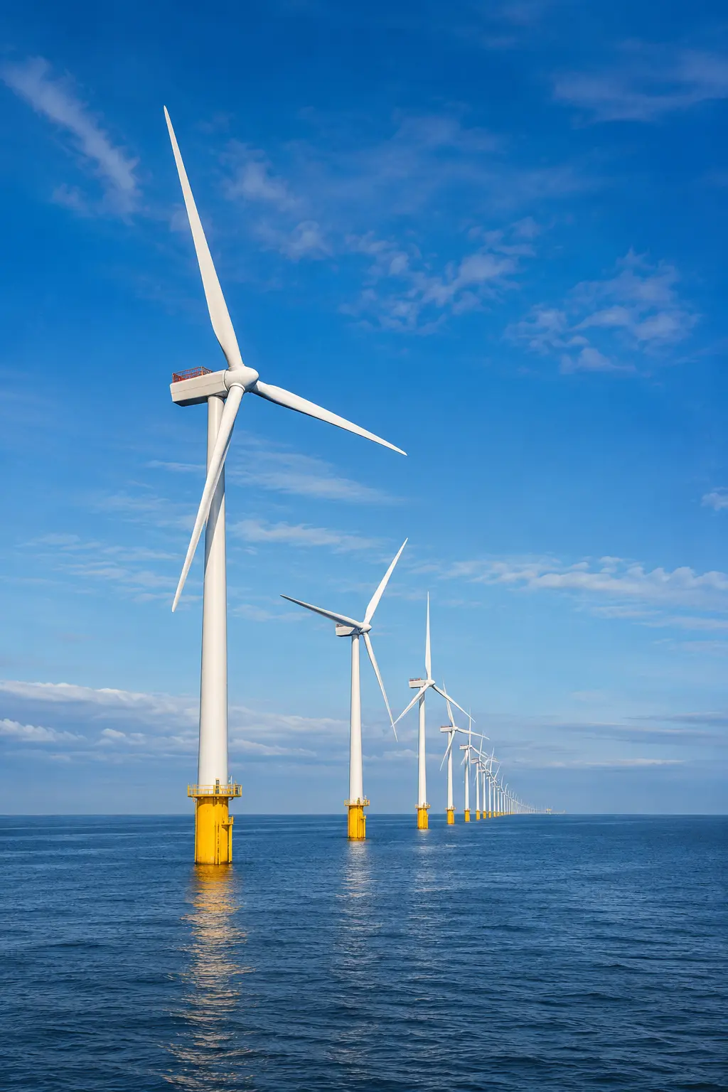 Row of offshore wind turbines with yellow bases in the ocean under a blue sky with scattered clouds.