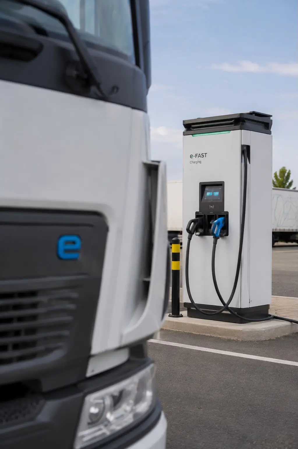 Electric charging station in an outdoor parking lot, with an electric truck in front of it.