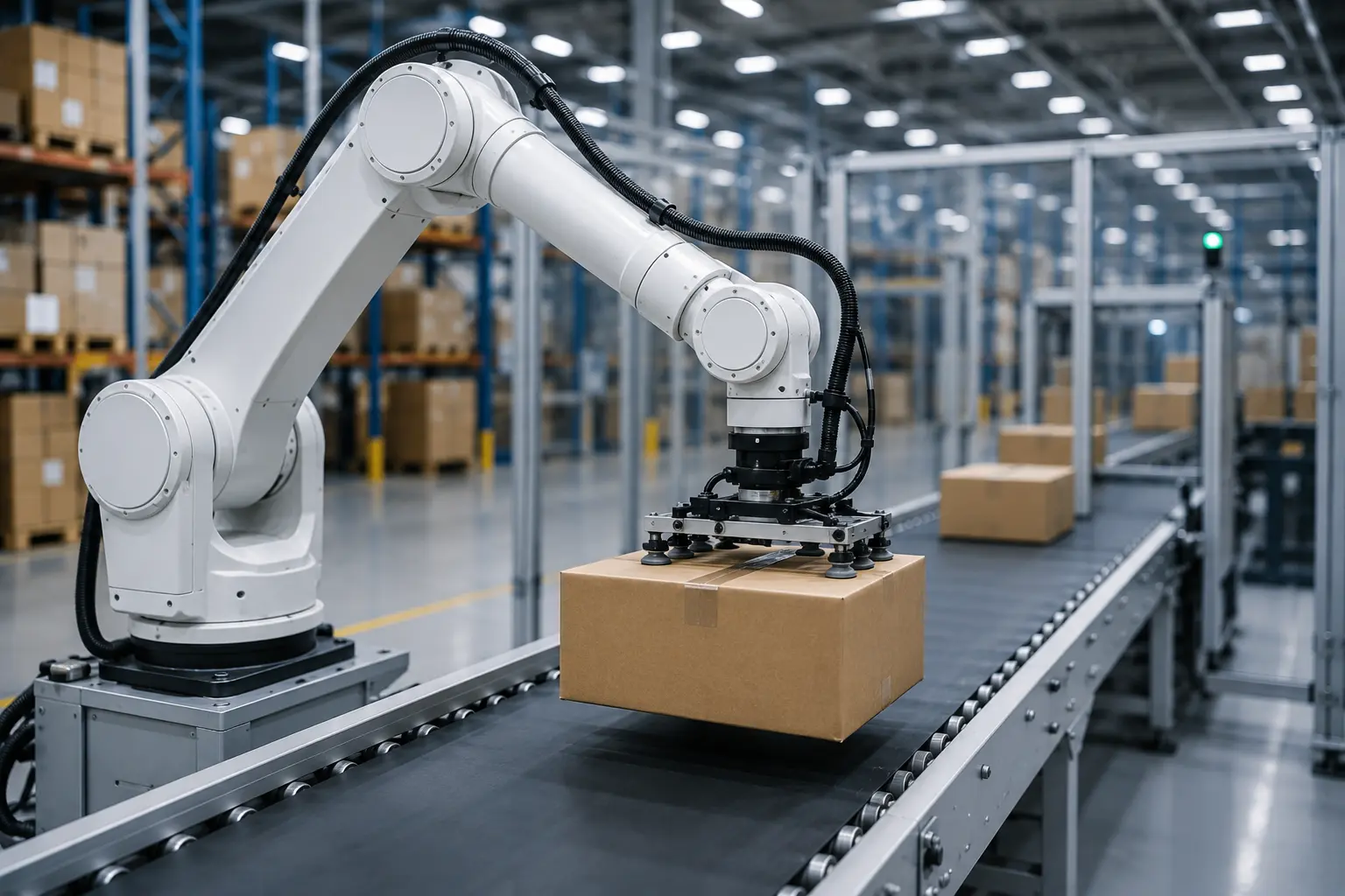 White robotic arm lifting a cardboard box on a conveyor belt inside a warehouse with stacked boxes.
