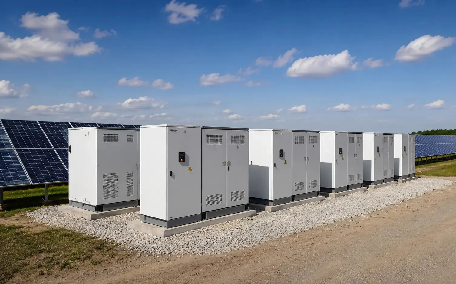 Rows of solid state transformers in white electrical control cabinets near solar panels.